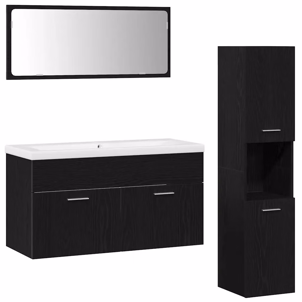 Set di mobili da bagno moderno vidaXL in legno e metallo nero opaco composto da mobile lavabo, armadietto alto e pensile con specchio L/P/H: 46,0 x 41,0 x 54,6 cm – 2