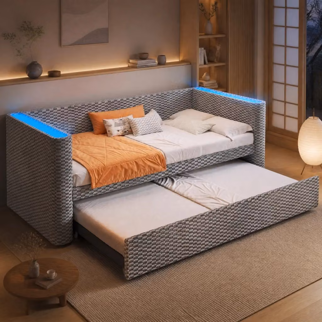 Divano letto Mivray moderno in velluto grigio con illuminazione LED controllabile tramite app, trasformabile da 90 x 200 cm a 180 x 200 cm – 2