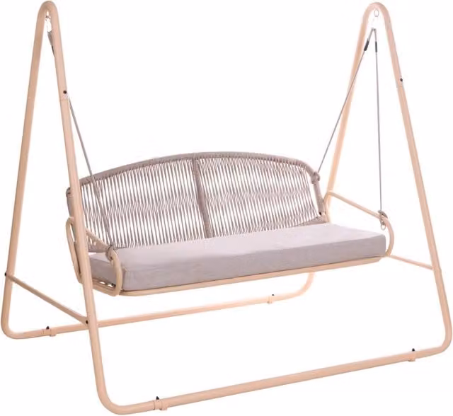 Dondolo da giardino con struttura in acciaio beige, cuscini in tessuto olefinico e schienale in corda intrecciata, a due posti, in stile mediterraneo