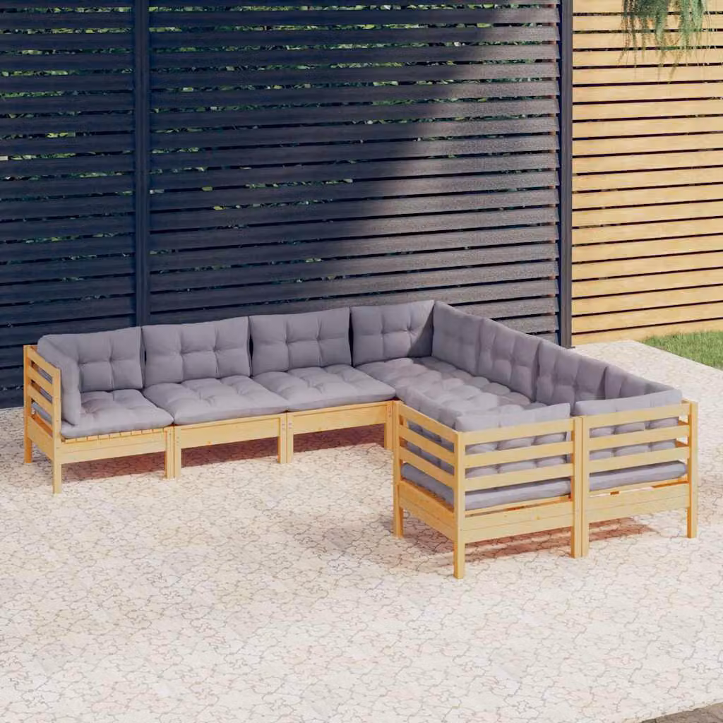 Set di divani da giardino vidaXL a forma di L composto da 8 pezzi in legno massello di pino con cuscini grigi imbottiti