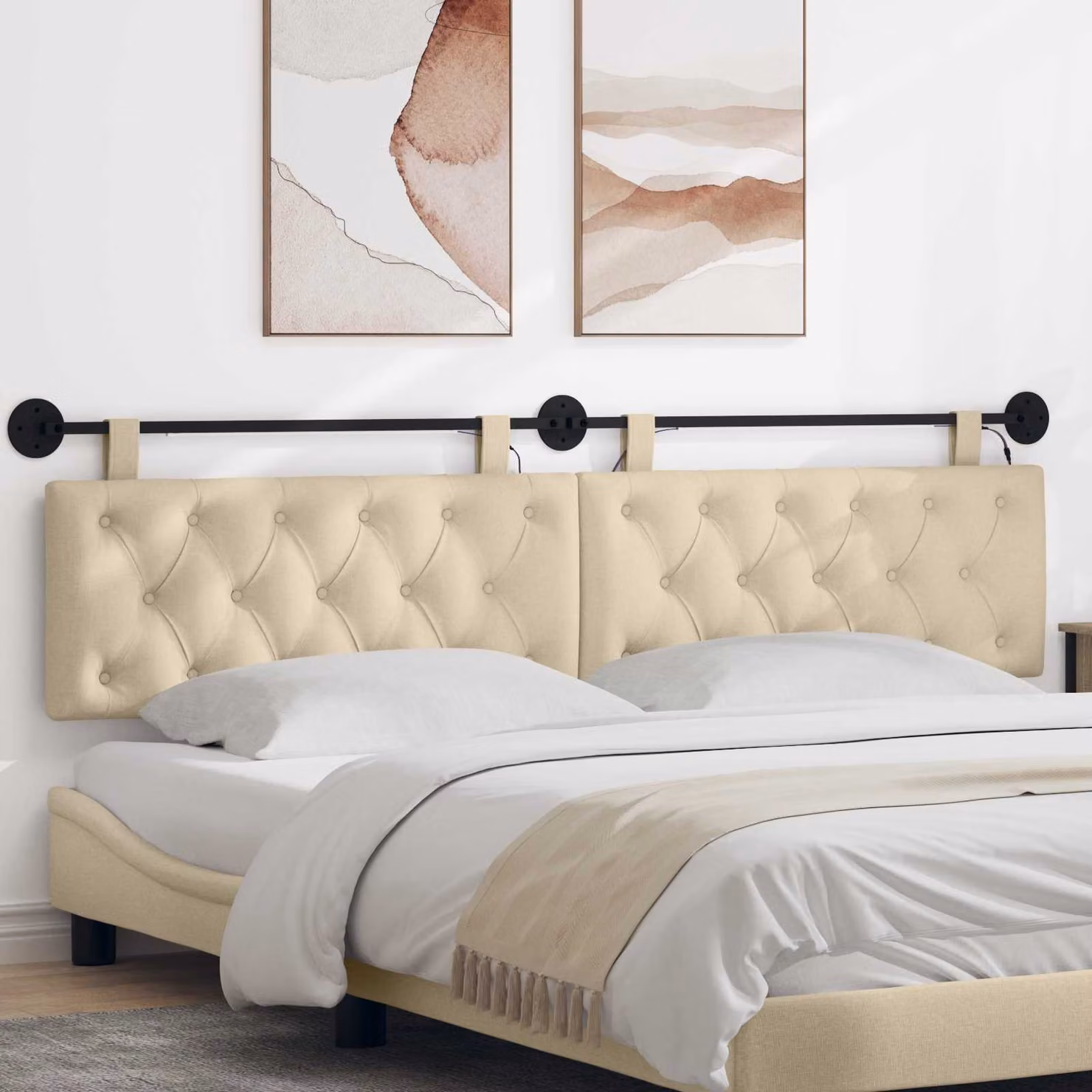 Testiera per letto sospesa vidaXL con luce LED integrata e rivestimento in tessuto beige