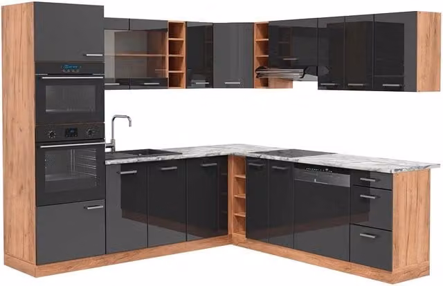Cucina angolare moderna Vicco R-Line in antracite lucido e rovere dorato, dimensioni 247 x 237 cm
