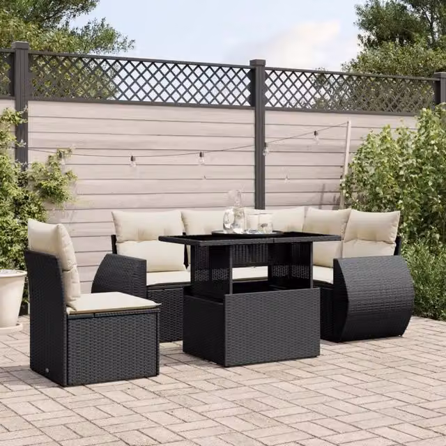 Set Divano da Giardino 6 pz con Cuscini Nero in Polyrattan 3268536