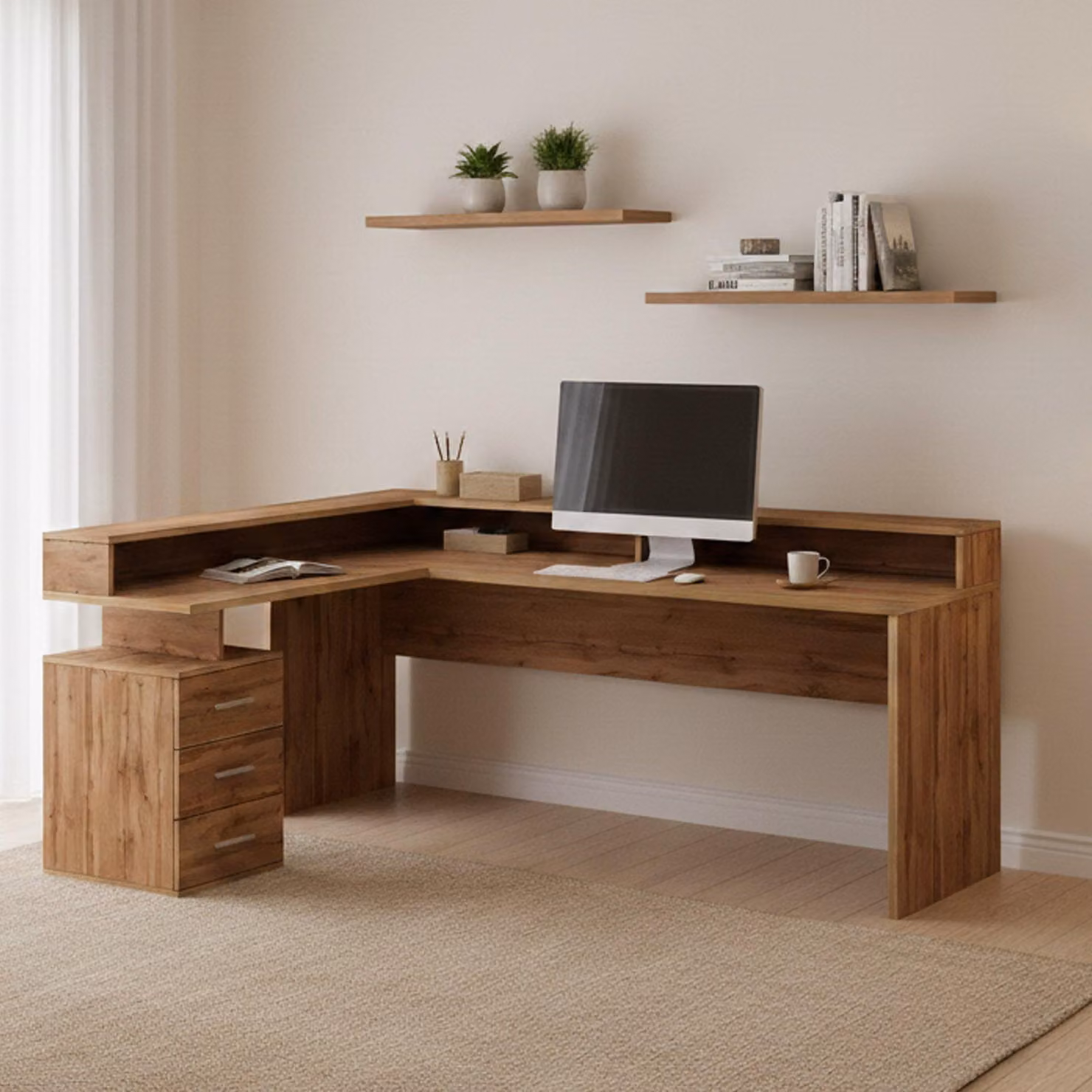 Dmora Scrivania Leonilda 90x180x160h cm Marrone Rovere, Angolare Modulabile Italy