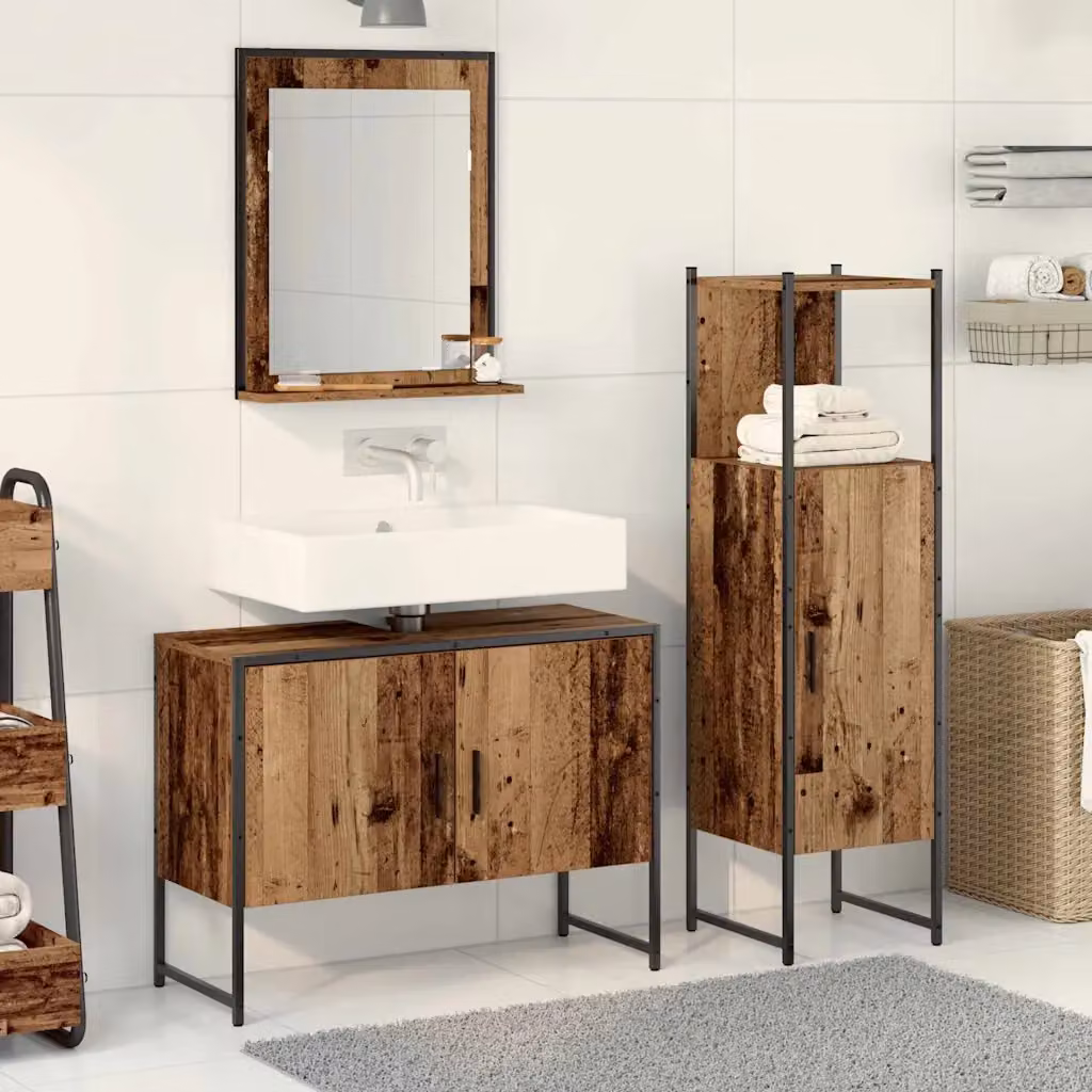 Set di mobili per il bagno moderno vidaXL composto da 3 pezzi in legno marrone e nero, include armadietto con specchio, mobile sottolavabo e colonna alta, L/P/H: 33 x 33 x 113.5 cm