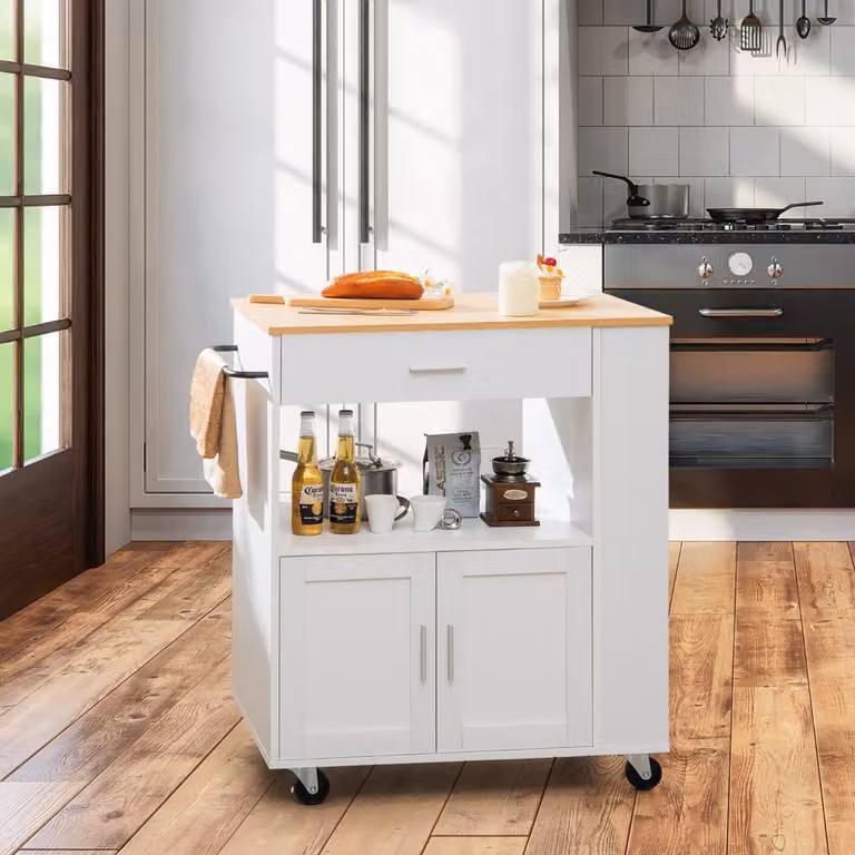 Isola da cucina su ruote Costway con portaspezie, cassetto grande e armadietto a 2 porte, colore bianco