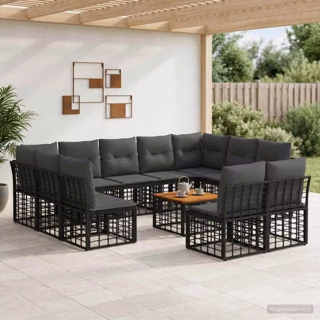 Set di divani da esterno 12 pz Nero e Grigio scuro Poliestere 3437575