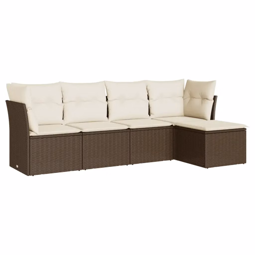 vidaXL Set Divano da Giardino 5 pz a Forma di L in Polyrattan Marrone con Cuscini Bianchi e Struttura in Metallo – 2