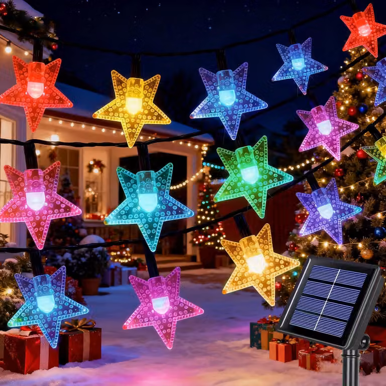 Catena luminosa solare con 50 stelle a LED, lunghezza 7 metri, 8 modalità, timer