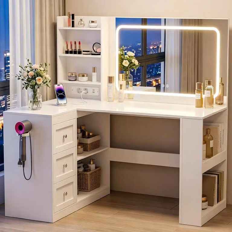 Comò da trucco con specchio a LED, prese di corrente e ampio spazio contenitivo, forma a L, colore bianco, dimensioni 120x80x136 cm