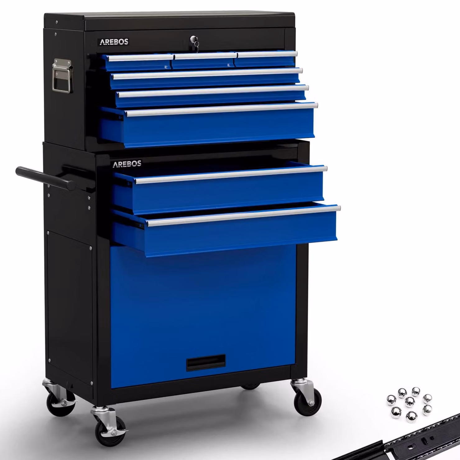 Carrello portautensili da officina - 8 cassetti - Valigetta rimovibile - Chiusura centralizzata - Freni di stazionamento - Blu e nero