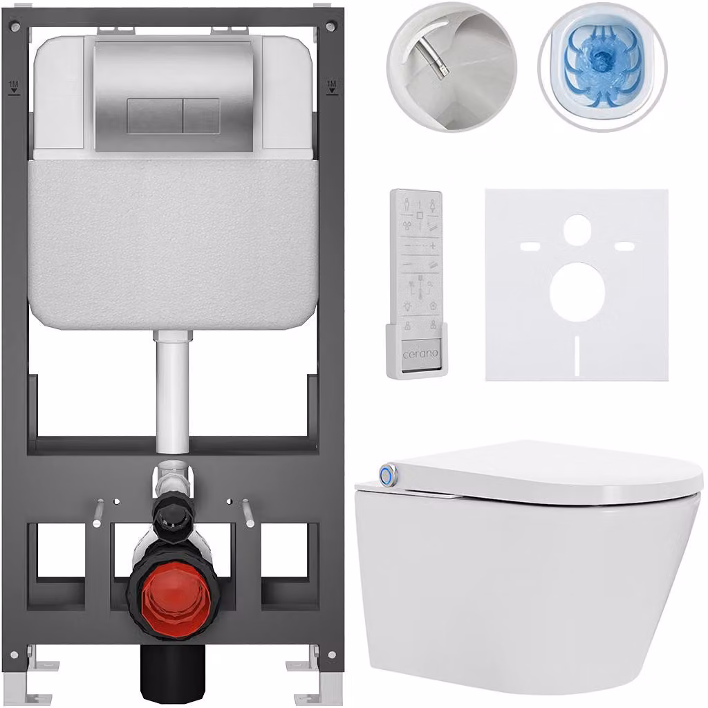 Water WC sospeso con bidet Basic/Cronus Premium - bianco lucido - pulsante WC Modulo/Argento - a pavimento - installazione a parete - 59,3x38,4 cm