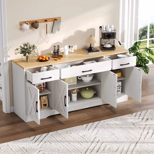 Madia bianca in MDF con 3 cassetti e 4 ante, 160 x 37 x 75 cm