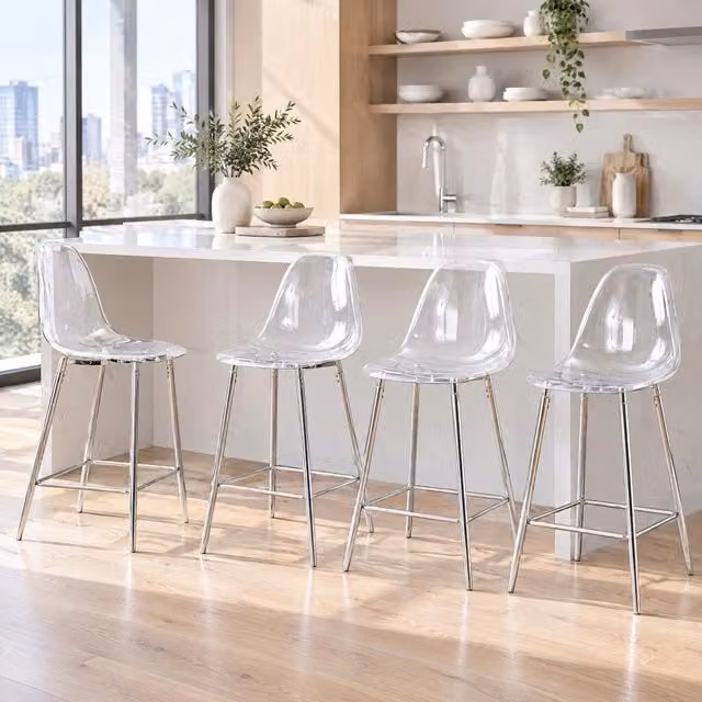 Set di 4 sgabelli da bar trasparenti con struttura metallica in argento, oro o nero per cucina e sala da pranzo