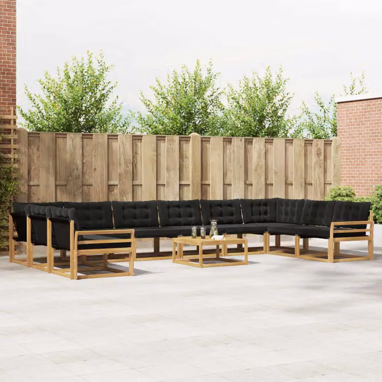 Set di divani da esterno vidaXL a forma di U composto da 11 pezzi in legno di acacia con cuscini bianchi e neri e tavolino da caffè