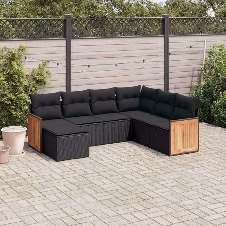 vidaXL Set Divano da Giardino a L con 7 Pezzi in Polyrattan Nero e Cuscini Imbottiti