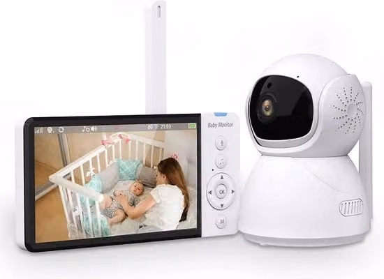 Babyfono Eszenzics Audio Video con Schermo LED da 5 pollici, Bianco, con Visione Notturna, Comunicazione a Due Vie e Batteria Ricaricabile