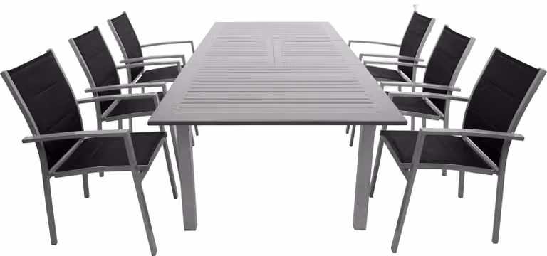 Set da giardino DEGAMO BAJAZZO, 7 pezzi, alluminio argento/grigio + tessuto sintetico nero, 6 poltrone impilabili, 1 tavolo allungabile 175/245 x 100 cm