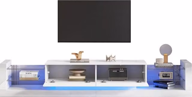Mobile TV bianco lucido con illuminazione LED, 181 cm, per TV fino a 80 pollici con ante in vetro e due cassetti ribaltabili