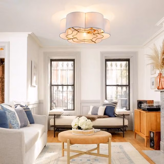 Ventilatore da soffitto con luce e paralume floreale, oro e bianco, con telecomando e timer
