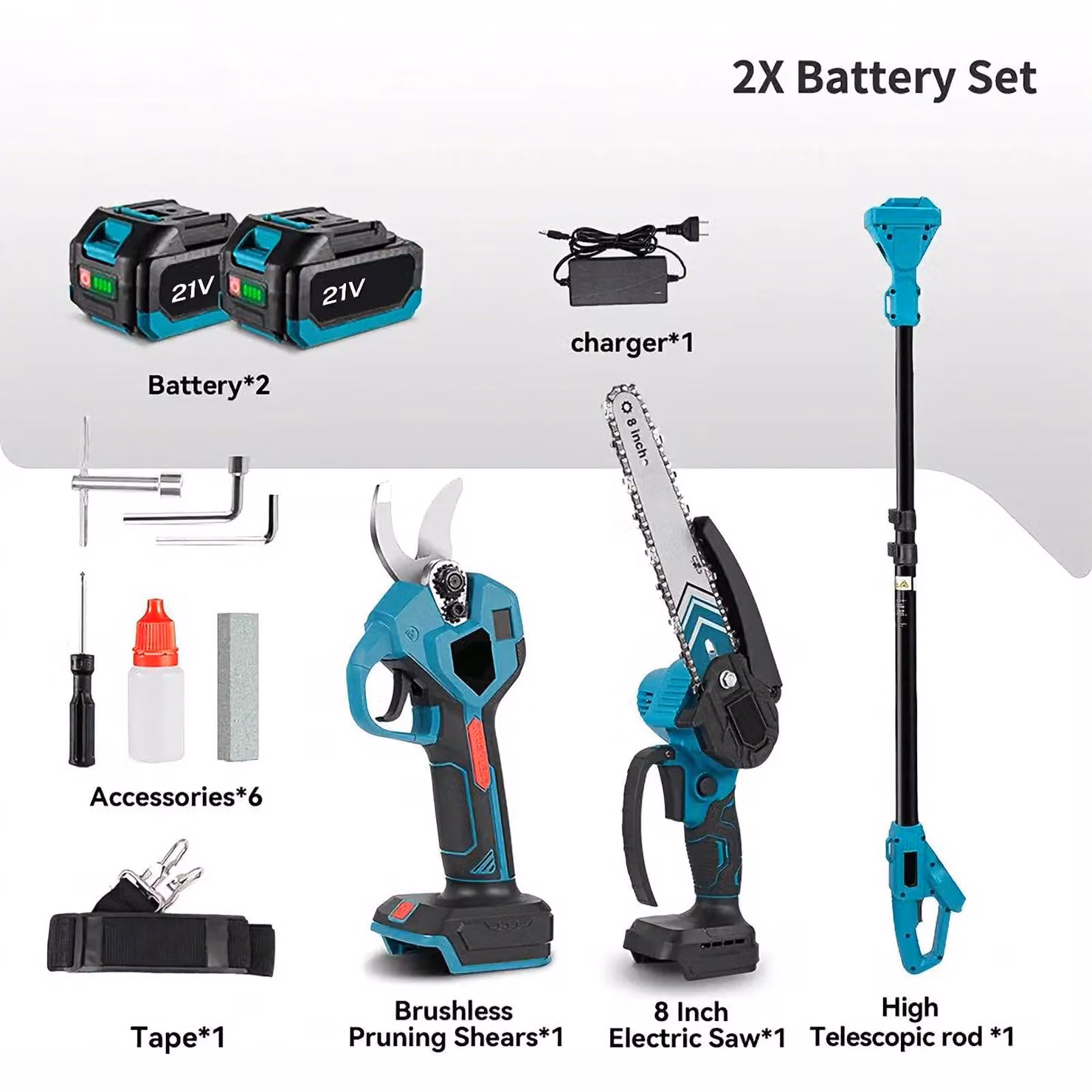 Potatore telescopico elettrico - Strumento multifunzione 3-in-1 - Alimentato a batteria - Seghetto da 20 cm - Potatore per rami da 28 mm - Portata di 1,7 metri - Set Acciaio al carbonio SK5