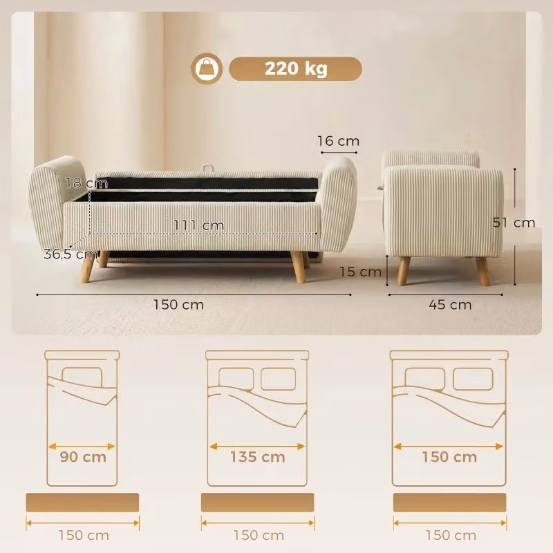 Panca contenitore WISHDOR imbottita in velluto a coste beige con braccioli arrotondati e gambe in legno di gomma L: 120 cm, P: 47 cm, H: 30 cm – 2