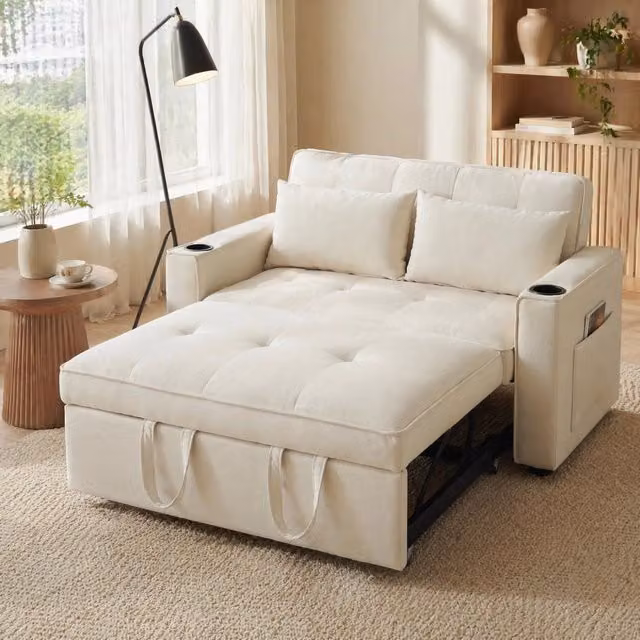 Divano letto pieghevole 2 posti in velluto beige con schienale regolabile e portabevande