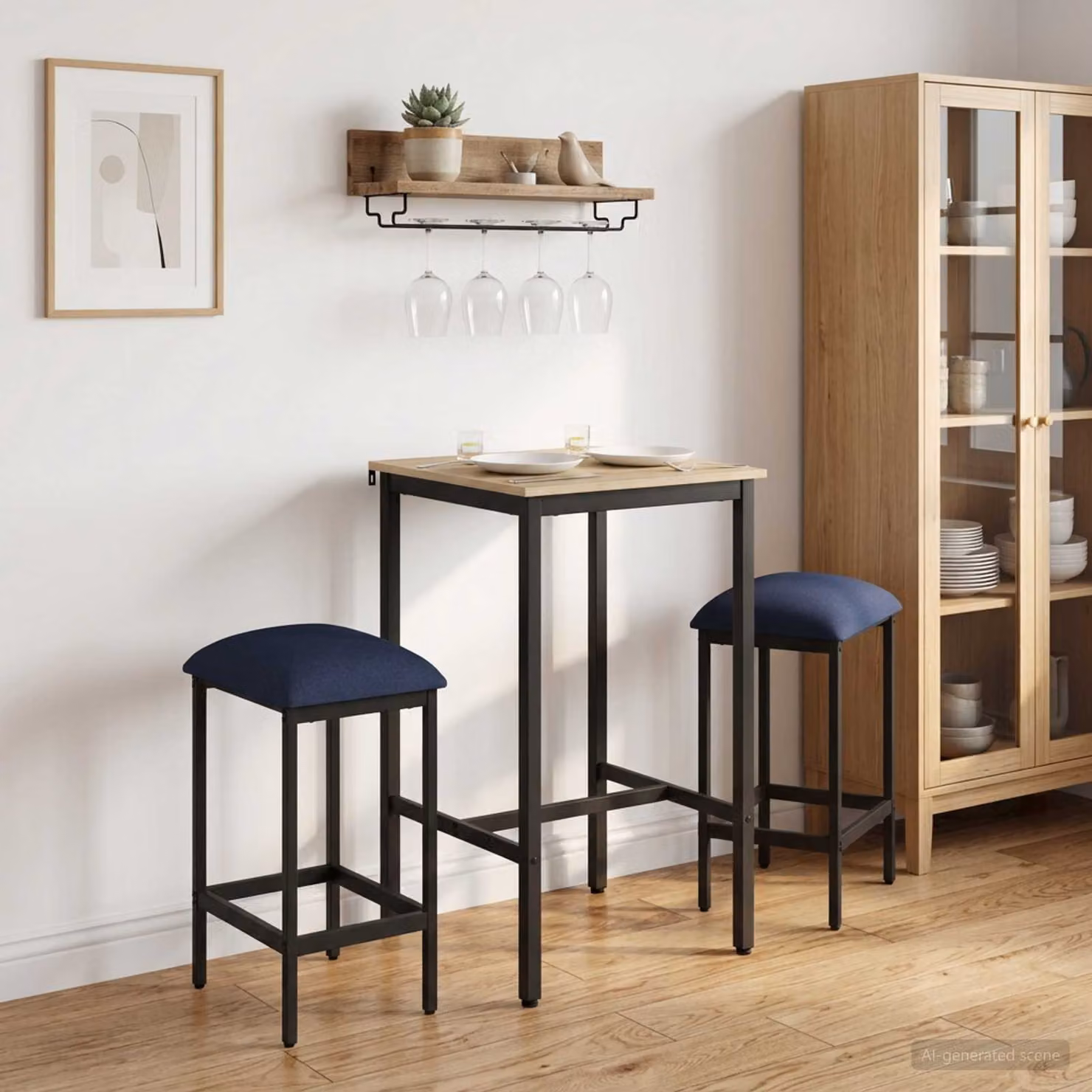 Set di 2 sgabelli da bar moderni vidaXL in tessuto blu con struttura in metallo e MDF, L/P/H: 40 x 32 x 64 cm