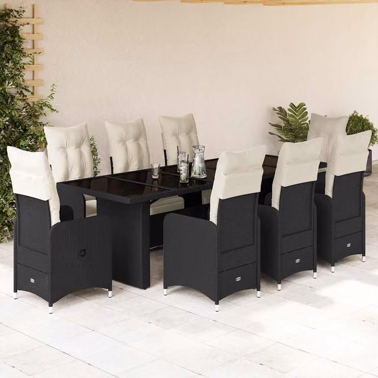 vidaXL Set Bistrò da Giardino 9 pz in Polyrattan Nero con Cuscini e Piano in Vetro