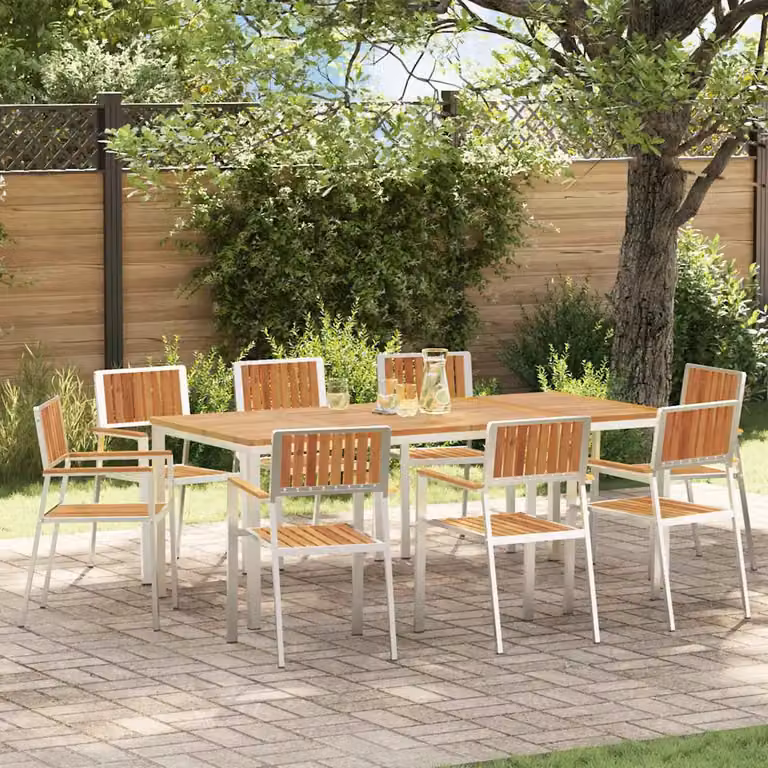 Set da pranzo per esterni vidaXL in legno di acacia e acciaio inossidabile, 9 pezzi, marrone e argento, L: 200 cm, P: 90 cm, H: 75 cm