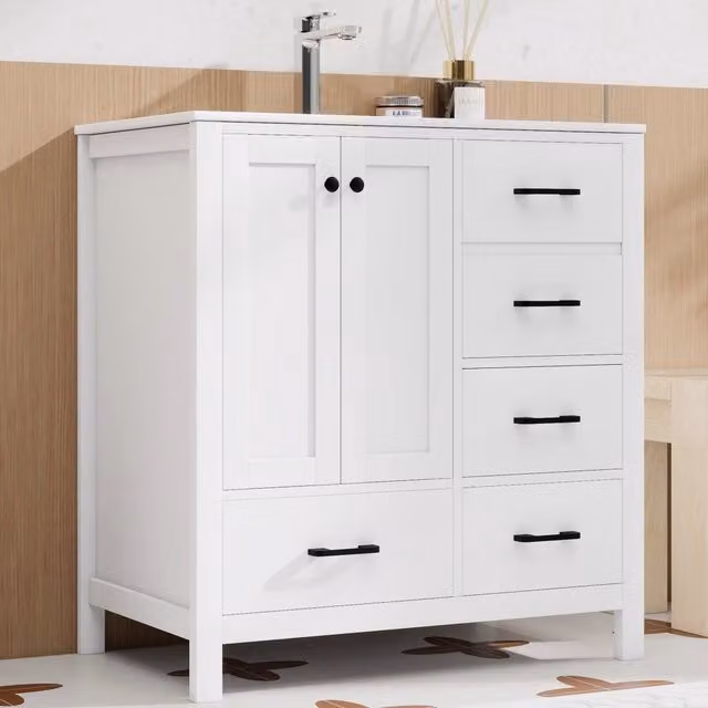 Mobile bagno freestanding WISHDOR in MDF laccato bianco con lavabo in ceramica, ante e cassetti, L: 76 cm, P: 46 cm, H: 82 cm