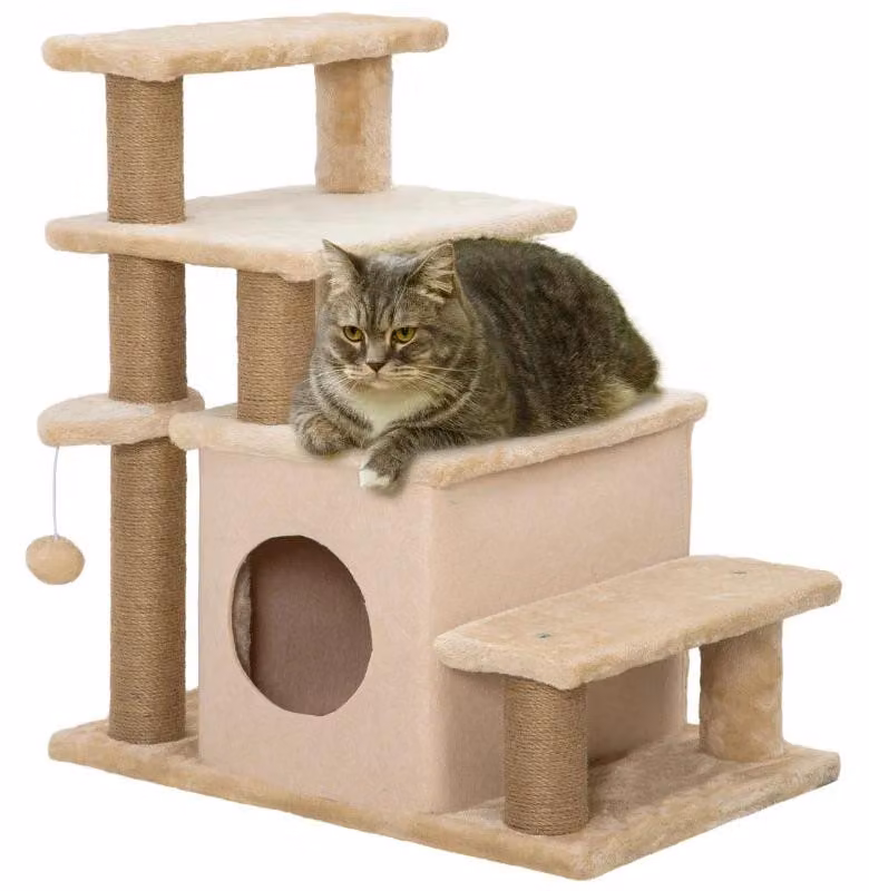 Scala per gatti con tiragraffi e casetta | Colore: Beige | Dimensioni: 40x60x66 cm