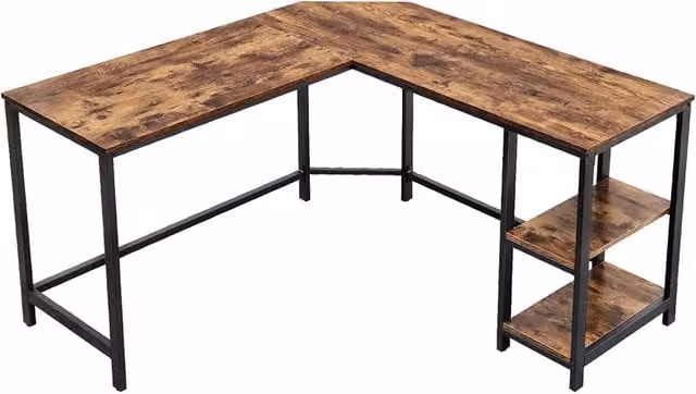 Scrivania per computer Valora in stile rustico con struttura in metallo nero e piano in MDF marrone, L: 138 cm, P: 50 cm, H: 75 cm – 1