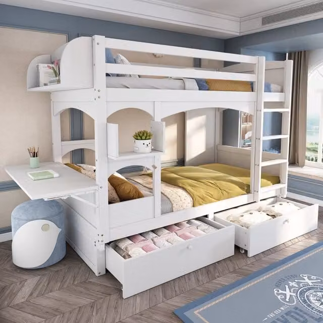 Letto a castello Mivray per bambini in legno bianco con scrivania pieghevole, ripiani, 2 cassetti e scala, dimensioni 90 x 200 cm