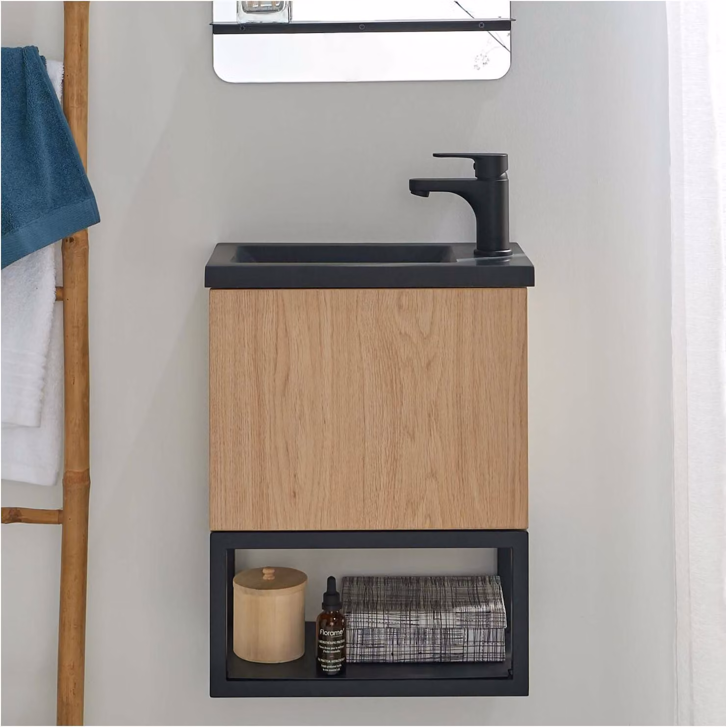 Set lavabo sospeso NOVA in metallo e legno con rubinetto nero
