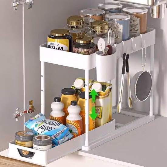 Scaffale da cucina a 2 ripiani, con 4 ganci e 1 vasetto, regolabile, bianco, in metallo.