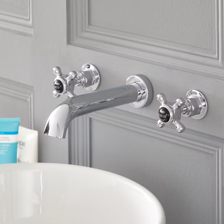 Rubinetto da Parete a 3 Fori Per Lavabo a Croce - Design Tradizionale Cromo/Nero - Elizabeth