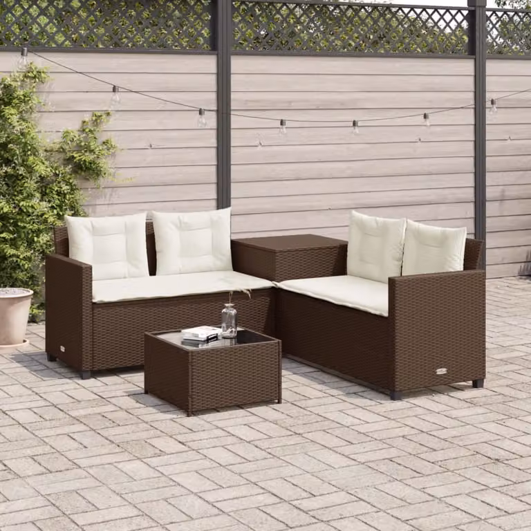 vidaXL Divano da Giardino a L con Tavolo e Cuscini, Moderno, Marrone e Bianco