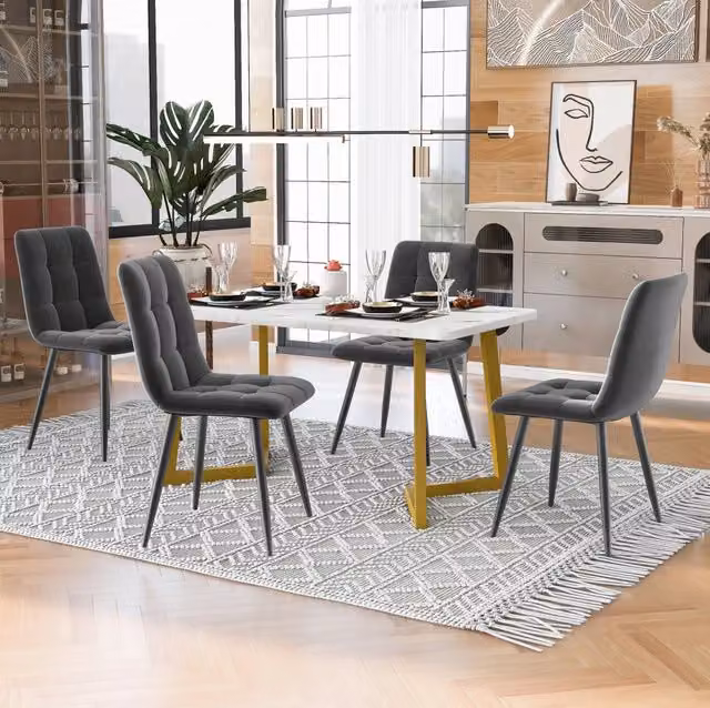 Tavolo da pranzo 117 cm con 4 sedie, MDF grigio e gambe dorate