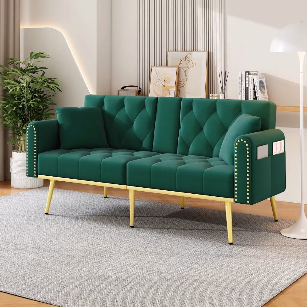 Divano letto multifunzione WISHDOR in velluto verde con schienale regolabile, portabicchieri e cuscini inclusi, 2-3 posti – 2