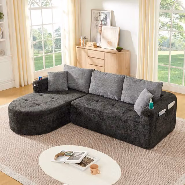 Divano angolare modulare L con portabicchieri in acciaio inox, tasche laterali e lino nero 255 × 170 × 67 cm
