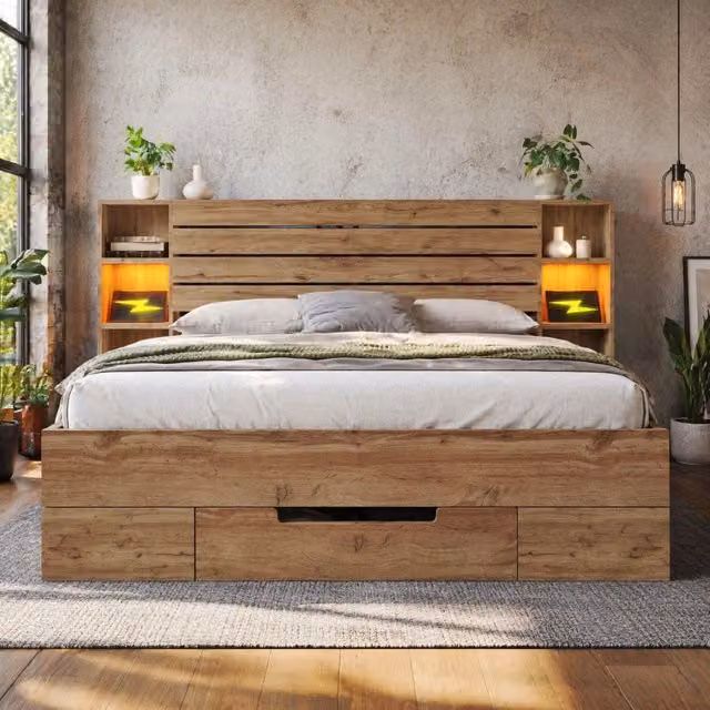 Letto 180x200 cm con LED, USB e cassetti, in metallo e MDF con doghe in compensato color rovere