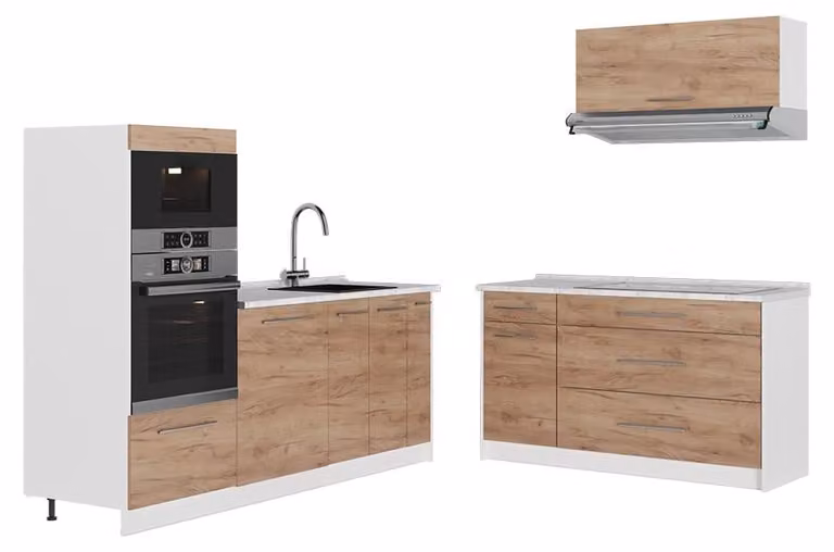 Cucina Vicco Fame-Line Rovere dorato/Bianco 340 cm, PL Marmo, Model 62936