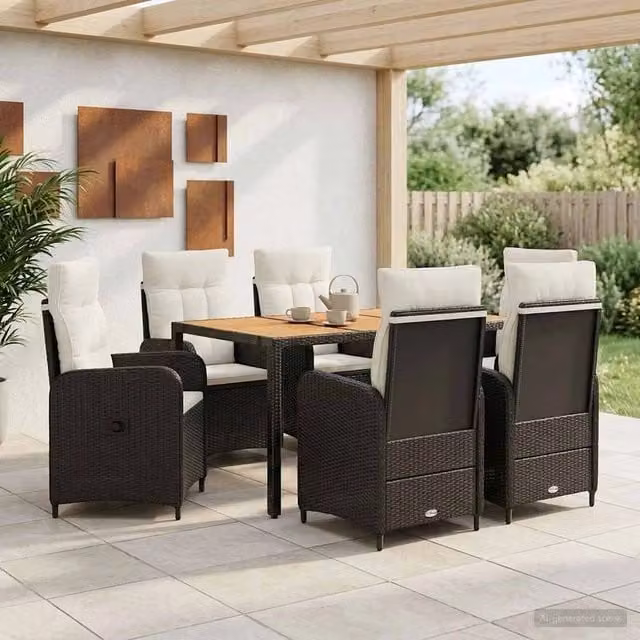 Set da pranzo per esterni vidaXL in polyrattan da 7 pezzi Nero e Bianco con tavolo in legno di acacia L/P/H: 150 x 90 x 75 cm