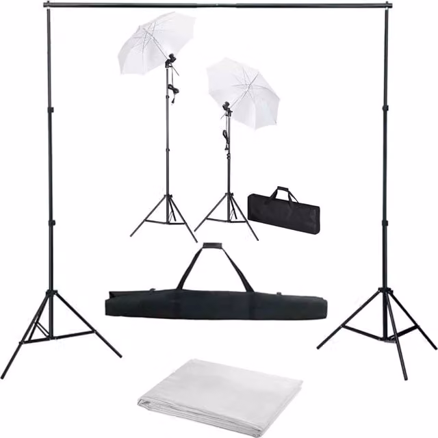 Kit professionale per studio fotografico con fondale bianco luci e ombrelli 02_0001491