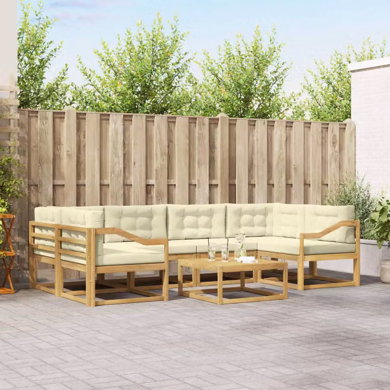 vidaXL Set di divani da esterno a L con tavolino da giardino in legno di acacia, Bianco e Beige