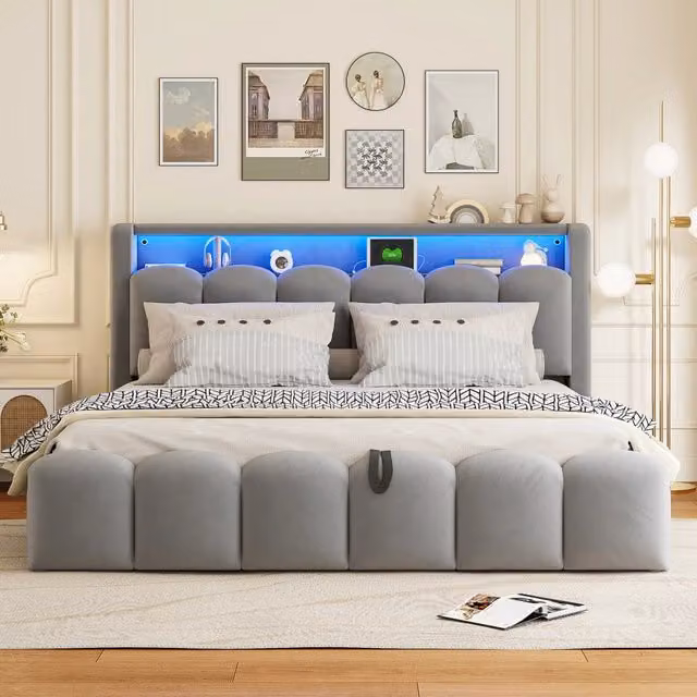 Letto matrimoniale imbottito 180 × 200 cm con vano contenitore idraulico in velluto grigio con LED e porte USB Type-C