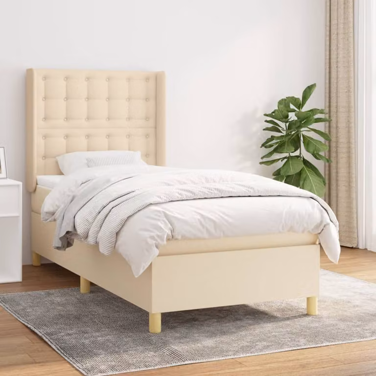 The Living Store Letto a molle con materasso crema 90x190 cm in tessuto