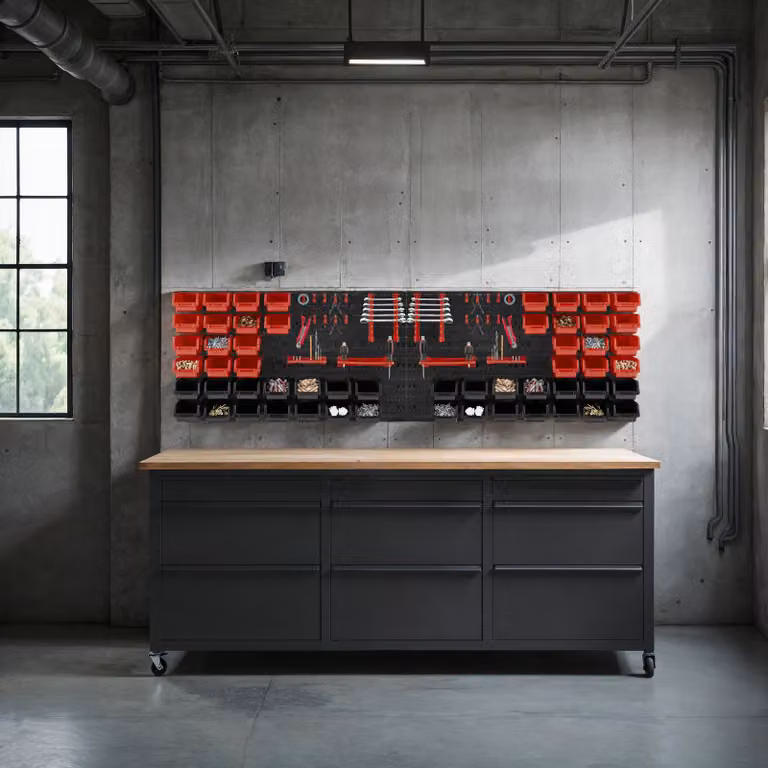 Set di 2 contenitori per minuteria tectake con 28 cassette impilabili e supporti per utensili, nero e rosso, da appendere a parete