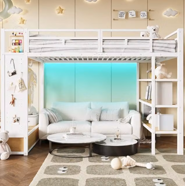 Letto a soppalco 140x200 cm in metallo e MDF con armadio aperto; scaffali; LED; bianco